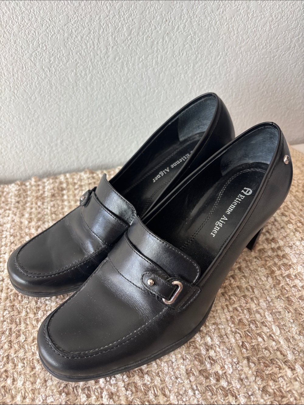 Etienne Aigner Black Leather Heeled Loafers with Buckle Accent